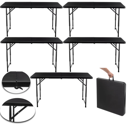 BTExpert Fold-in-Half Folding Utility Table 4Feet Lightweight Height Adjustable Portable Carrying Handle Indoor Outdoor Picnic Camping Office Home Party Easy to Clean Store Care Black Set of 5