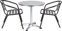 BTExpert Indoor Outdoor 27.5" Round Restaurant Table Stainless Steel Silver Aluminum + 2 Black Metal Slat Stack Chairs Commercial Lightweight