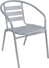 BTExpert Indoor Outdoor 27.5" Square Restaurant Table Stainless Steel Silver Aluminum + 4 Silver Gray Metal Aluminum Slat Stack Chairs Commercial