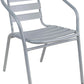 BTExpert 23.75" Round Stainless Steel Table + 2 Silver Gray Slat Chairs, Indoor Outdoor Commercial Lightweight