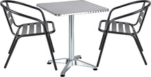 BTExpert Indoor Outdoor 27.5" Square Restaurant Table Stainless Steel Silver Aluminum + 2 Black Metal Slat Stack Chairs Commercial Lightweight
