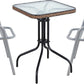 BTExpert 28" Square Glass Metal Table Brown Rattan Trim with 2 Silver Gray Slat Stack Chairs, Indoor Outdoor Lightweight