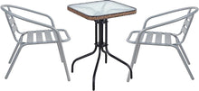 BTExpert Indoor Outdoor 28" Square Tempered Glass Metal Table Brown Rattan Trim + 2 Silver Gray Restaurant Metal Aluminum Slat Stack Chairs Lightweight