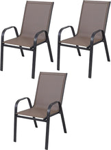 BTExpert Indoor Outdoor 27.5" Square Restaurant Table Stainless Steel Silver Aluminum + 3 Brown Flexible Sling Stack Chairs Commercial Lightweight