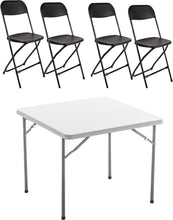 BTExpert 5 Piece Folding Card Table Portable & Chair Set, 34" Square White Granite Plastic Table Portable, 4 Adult Black Chairs for board games nights gatherings party home indoor outdoor lightweight
