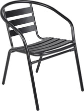 BTExpert Indoor Outdoor 27.5" Round Restaurant Table Stainless Steel Silver Aluminum + 4 Black Metal Slat Stack Chairs Lightweight