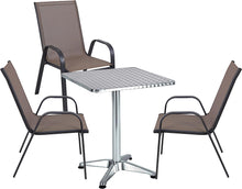 BTExpert Indoor Outdoor 27.5" Square Restaurant Table Stainless Steel Silver Aluminum + 3 Brown Flexible Sling Stack Chairs Commercial Lightweight