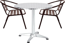 BTExpert Indoor Outdoor 27.5" Round Restaurant Table Stainless Steel Silver Aluminum + 2 Bronze Metal Slat Stack Chairs Commercial Lightweight