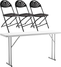 BTExpert 4 Piece Folding Seminar Table Portable and Chair Set, 6-Foot long 18" Wide 29" High Training Table Portable & 3 Adult Black floral Chairs.