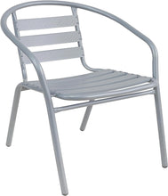 BTExpert Indoor Outdoor 27.5" Round Restaurant Table Stainless Steel Silver Aluminum + 3 Silver Gray Metal Slat Stack Chairs Commercial Lightweight