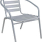 BTExpert 23.75" Round Glass Metal Table Black with 2 Silver Gray Slat Stack Chairs, Indoor Outdoor Lightweight