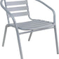 BTExpert 23.75" Square Glass Metal Table Black with 2 Silver Gray Slat Stack Chairs, Indoor Outdoor Lightweight