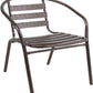 BTExpert 27.5" Square Restaurant Table Stainless Steel Silver Aluminum + 4 Bronze Metal Aluminum Slat Stack Chairs