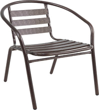 BTExpert Indoor Outdoor 23.75" Round Restaurant Table Stainless Steel Silver Aluminum + 2 Bronze Metal Slat Stack Chairs Commercial Lightweight
