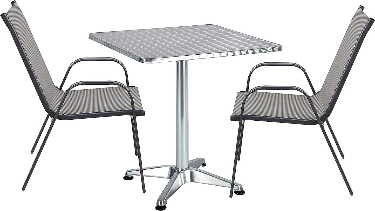 BTExpert 27.5" Square Restaurant Table Stainless Steel with 2 Gray Sling Stack Chairs, Indoor Outdoor Commercial Lightweight