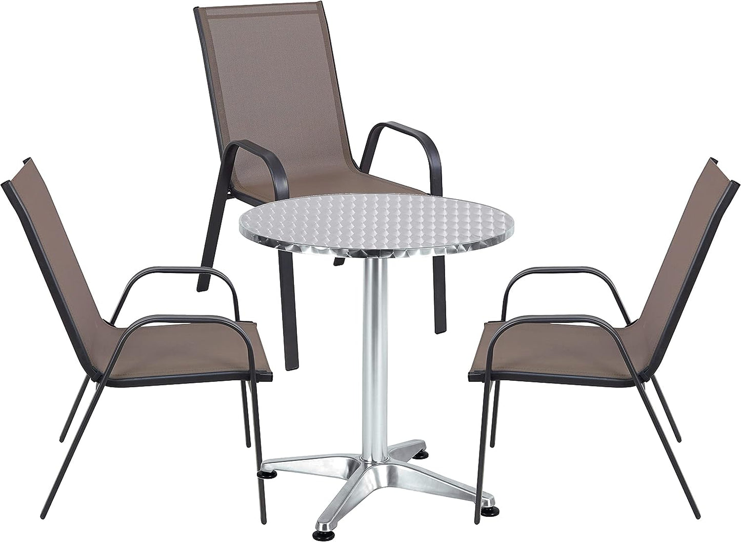 BTExpert 27.5" Round Restaurant Table Stainless Steel with 3 Brown Sling Stack Chairs, Indoor Outdoor Commercial Lightweight
