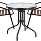 BTExpert Indoor Outdoor 23.75" Round Tempered Glass Metal Table Black + 2 Bronze Restaurant Metal Aluminum Slat Stack Chairs Lightweight