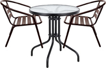 BTExpert Indoor Outdoor 23.75" Round Tempered Glass Metal Table Black + 2 Bronze Restaurant Metal Aluminum Slat Stack Chairs Lightweight
