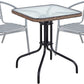 BTExpert 28" Square Glass Metal Table Brown Rattan Trim with 2 Silver Gray Slat Stack Chairs, Indoor Outdoor Lightweight