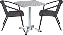 BTExpert Indoor Outdoor 27.5" Square Restaurant Table Stainless Steel Silver Aluminum + 2 Black Restaurant Rattan Stack Chairs Commercial Lightweight