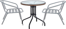 BTExpert Indoor Outdoor 28" Round Tempered Glass Metal Table Brown Rattan Trim + 2 Silver Gray Restaurant Metal Aluminum Slat Stack Chairs Lightweight