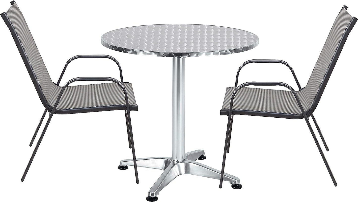 BTExpert 27.5" Round Restaurant Table Stainless Steel with 2 Gray Sling Stack Chairs, Indoor Outdoor Commercial Lightweight