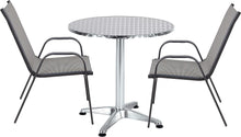 BTExpert Indoor Outdoor 27.5" Round Restaurant Table Stainless Steel Silver Aluminum + 2 Gray Flexible Sling Stack Chairs Commercial Lightweight