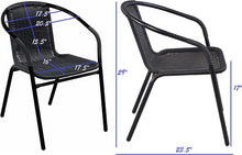 BTExpert Indoor Outdoor 27.5" Round Restaurant Table Stainless Steel Silver Aluminum + 3 Black Restaurant Rattan Stack Chairs Commercial Lightweight
