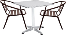 BTExpert Indoor Outdoor 27.5" Square Restaurant Table Stainless Steel Silver Aluminum + 2 Bronze Metal Slat Stack Chairs Commercial Lightweight