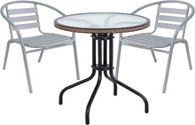 BTExpert Indoor Outdoor 28" Round Tempered Glass Metal Table Brown Rattan Trim + 2 Silver Gray Restaurant Metal Aluminum Slat Stack Chairs Lightweight