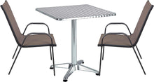 BTExpert Indoor Outdoor 27.5" Square Restaurant Table Stainless Steel Silver Aluminum + 2 Brown Flexible Sling Stack Chairs Commercial Lightweight