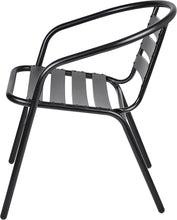 BTExpert Indoor Outdoor 27.5" Round Restaurant Table Stainless Steel Silver Aluminum + 2 Black Metal Slat Stack Chairs Commercial Lightweight