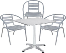 BTExpert Indoor Outdoor 23.75" Square Restaurant Table Stainless Steel Silver Aluminum + 3 Silver Gray Metal Slat Stack Chairs Commercial Lightweight
