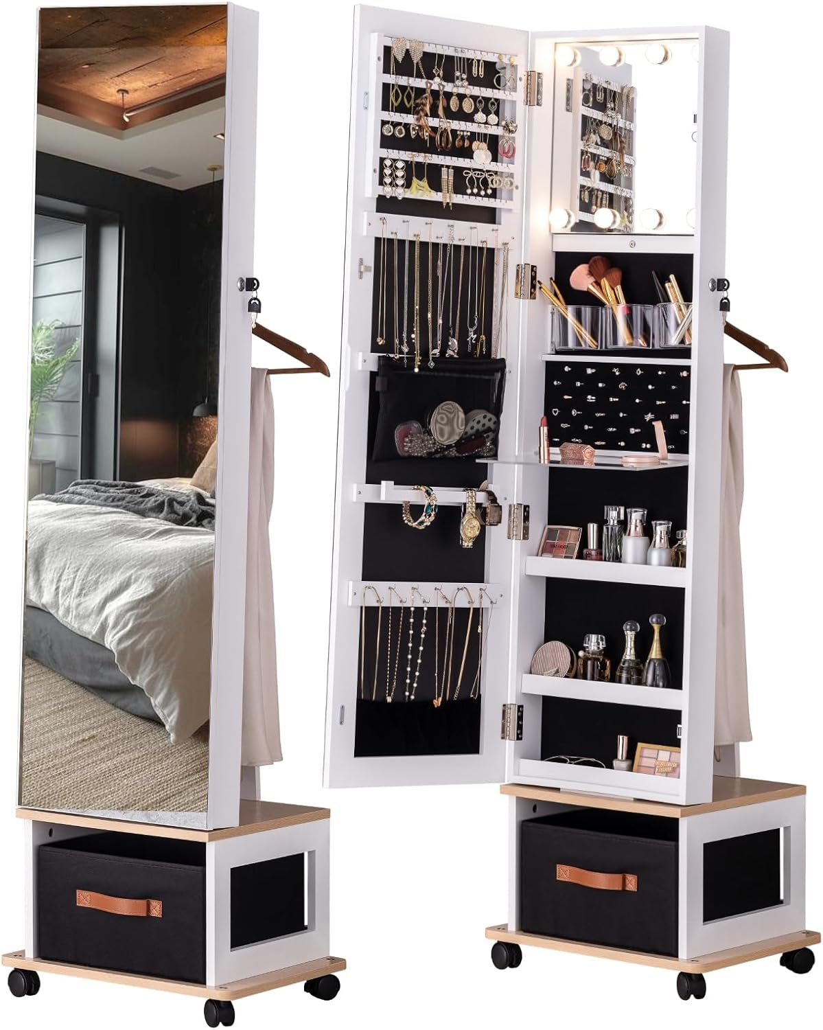 BTEXPERT 360 Swivel Jewelry Cabinet Armoire, Standing with Lights, Lockable Jewelry Organizer, 63" Rotating Full Length Frameless Mirror with Storage, 4 Wheels, White Lock Key