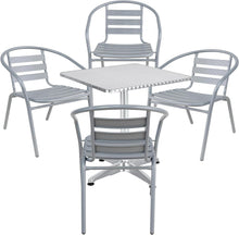 BTExpert Indoor Outdoor 27.5" Square Restaurant Table Stainless Steel Silver Aluminum + 4 Silver Gray Metal Aluminum Slat Stack Chairs Commercial