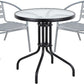 BTExpert 23.75" Round Glass Metal Table Black with 2 Silver Gray Slat Stack Chairs, Indoor Outdoor Lightweight