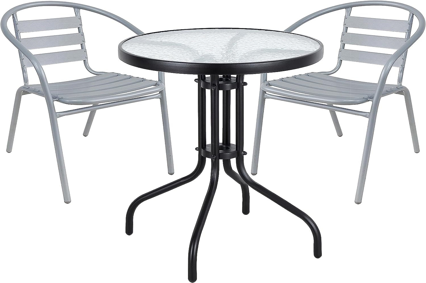 BTExpert 23.75" Round Glass Metal Table Black with 2 Silver Gray Slat Stack Chairs, Indoor Outdoor Lightweight