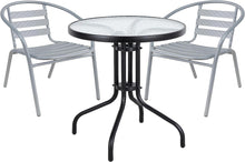 BTExpert Indoor Outdoor 23.75" Round Tempered Glass Metal Table Black + 2 Silver Gray Restaurant Metal Aluminum Slat Stack Chairs Lightweight