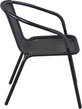 BTExpert Indoor Outdoor 27.5" Square Restaurant Table Stainless Steel Silver Aluminum + 2 Black Restaurant Rattan Stack Chairs Commercial Lightweight