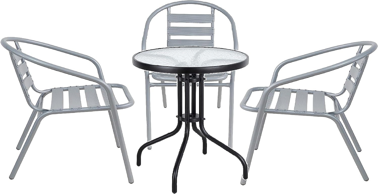 BTExpert 23.75" Round Glass Metal Table Black with 3 Silver Gray Slat Stack Chairs, Indoor Outdoor Lightweight Set