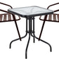 BTExpert Indoor Outdoor 23.75" Square Tempered Glass Metal Table Black + 2 Bronze Restaurant Metal Aluminum Slat Stack Chairs Lightweight
