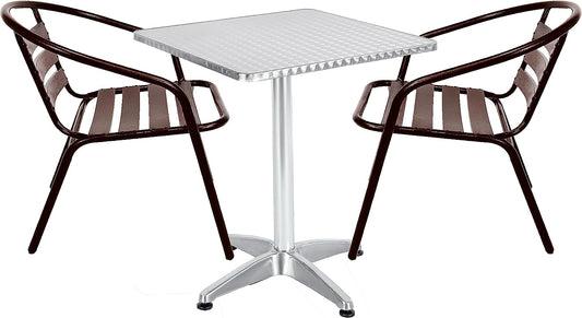 BTExpert 23.75" Square Stainless Table + 2 Bronze Slat Chairs, Indoor Outdoor Commercial Lightweight