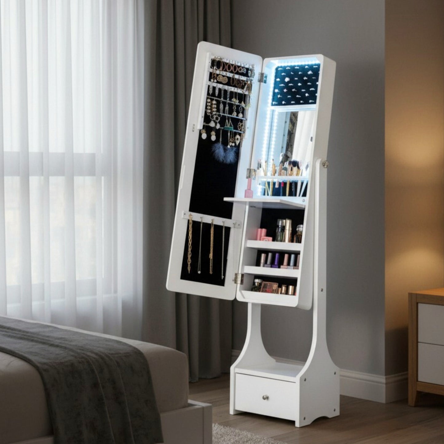 BTEXPERT Mirror Jewelry Cabinet , Large Storage Jewelry Armoire, Full-Length Frameless Mirror Jewelry Storage, 12 LED Lockable Jewelry Organizer White