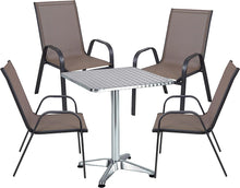 BTExpert Indoor Outdoor 27.5" Square Restaurant Table Stainless Steel Silver Aluminum + 4 Brown Flexible Sling Stack Chairs Commercial Lightweight