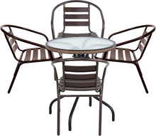 BTExpert Indoor Outdoor 28" Round Tempered Glass Metal Table Brown Rattan Trim + 4 Bronze Restaurant Metal Aluminum Slat Stack Chairs Lightweight