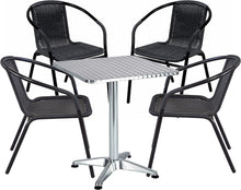 BTExpert Indoor Outdoor 27.5" Square Restaurant Table Stainless Steel Silver Aluminum + 4 Black Restaurant Rattan Stack Chairs Commercial Lightweight