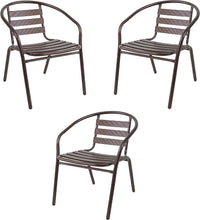BTExpert Indoor Outdoor 23.75" Square Tempered Glass Metal Table Black + 3 Bronze Restaurant Metal Aluminum Slat Stack Chairs Lightweight