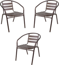 BTExpert Indoor Outdoor 23.75" Square Restaurant Table Stainless Steel Silver Aluminum + 3 Bronze Metal Slat Stack Chairs Commercial Lightweight