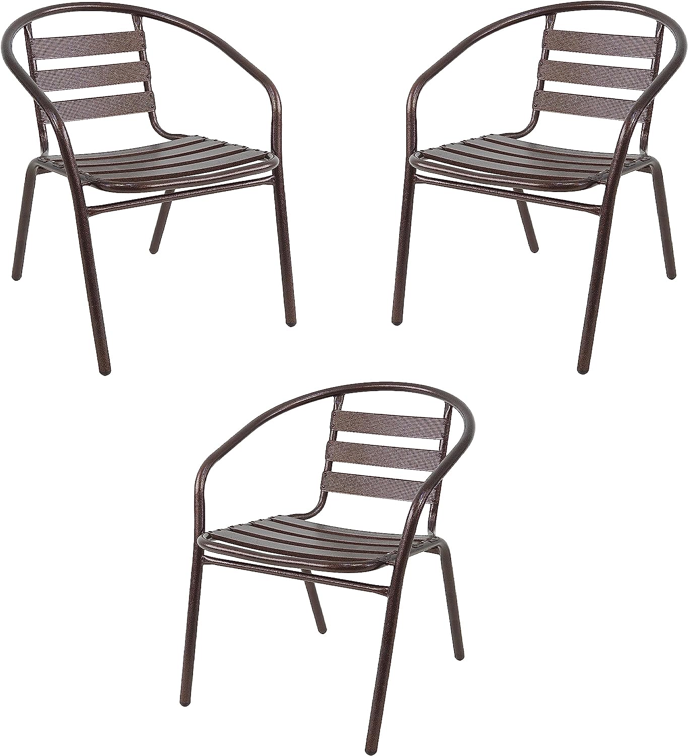 BTExpert Indoor Outdoor 27.5" Square Restaurant Table Stainless Steel Silver Aluminum + 3 Bronze Metal Slat Stack Chairs