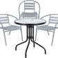 BTExpert 23.75" Round Glass Metal Table Black with 3 Silver Gray Slat Stack Chairs, Indoor Outdoor Lightweight Set